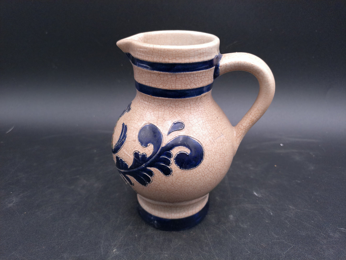 German Small Blue Gray Salt Glazed Flower Motif Stoneware Pitcher Jug