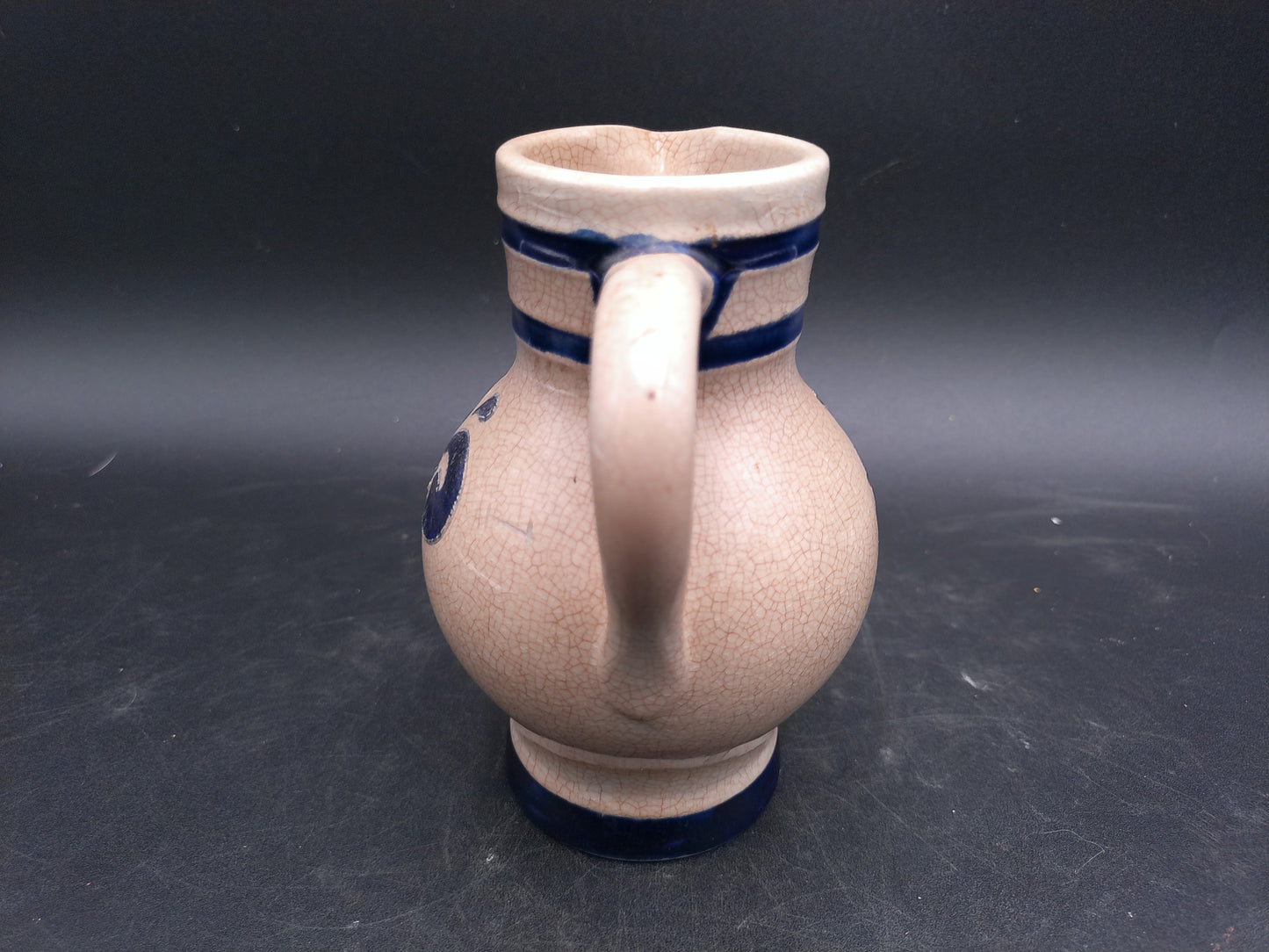 German Small Blue Gray Salt Glazed Flower Motif Stoneware Pitcher Jug