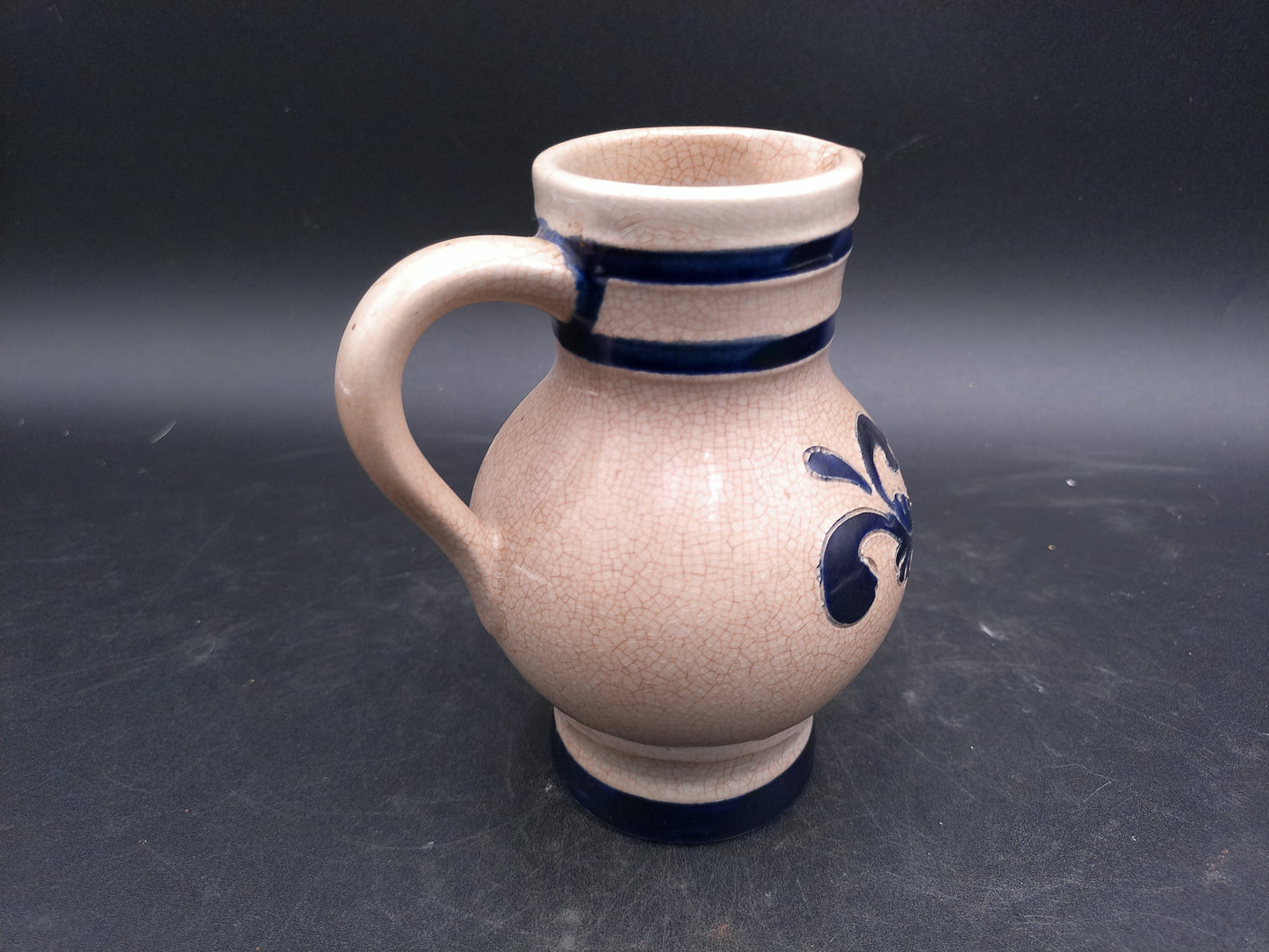 German Small Blue Gray Salt Glazed Flower Motif Stoneware Pitcher Jug