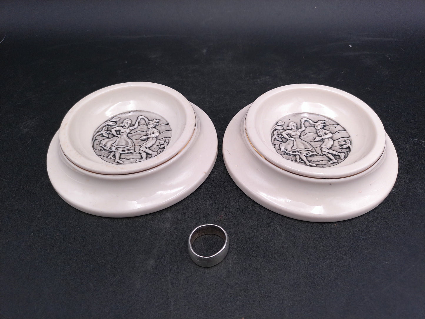 Evans Ceramic Ashtrays Vintage set of 2 with Gold Rings on side of Ashtray
