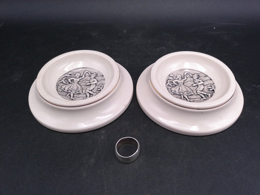 Evans Ceramic Ashtrays Vintage set of 2 with Gold Rings on side of Ashtray