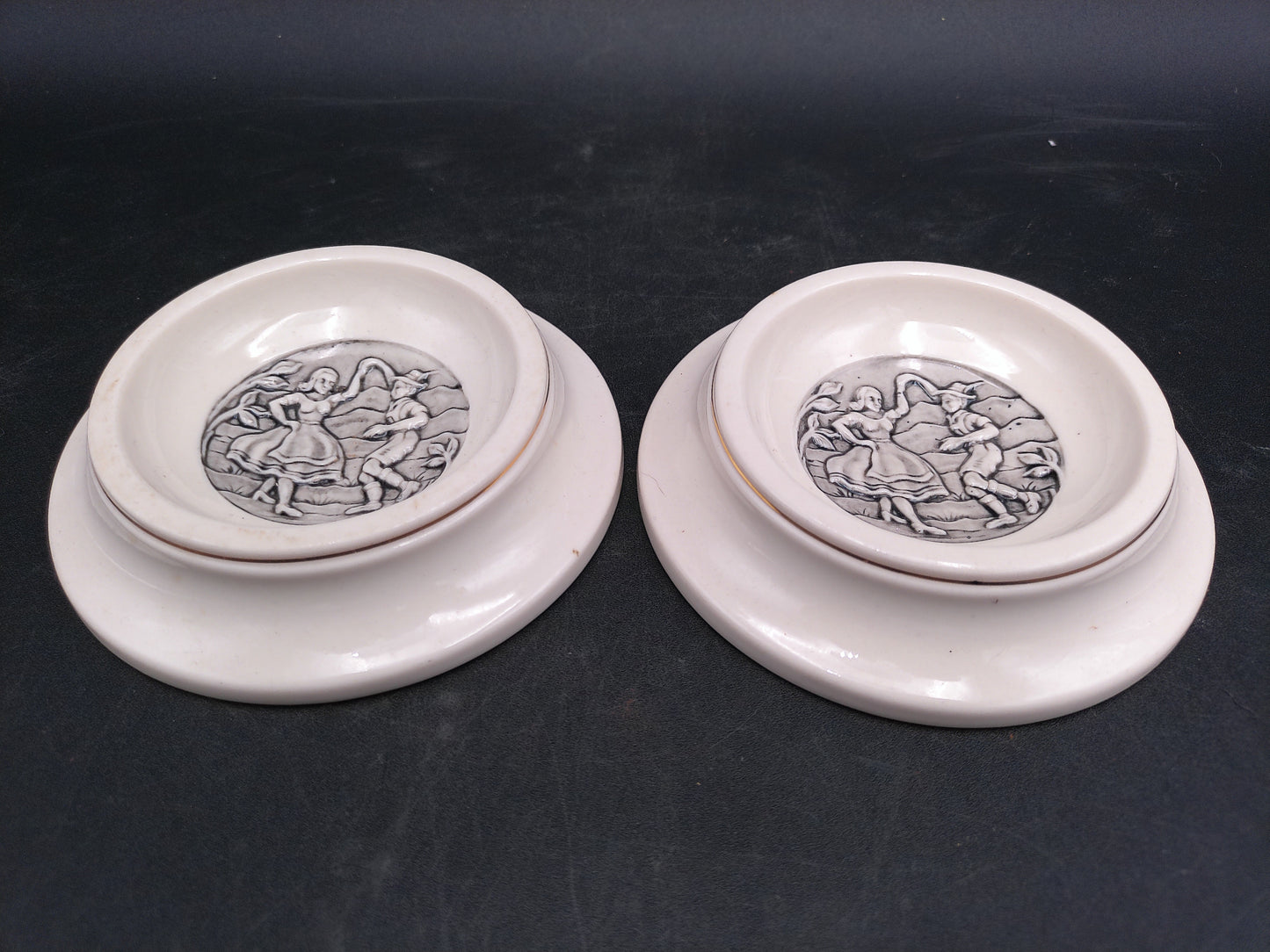 Evans Ceramic Ashtrays Vintage set of 2 with Gold Rings on side of Ashtray