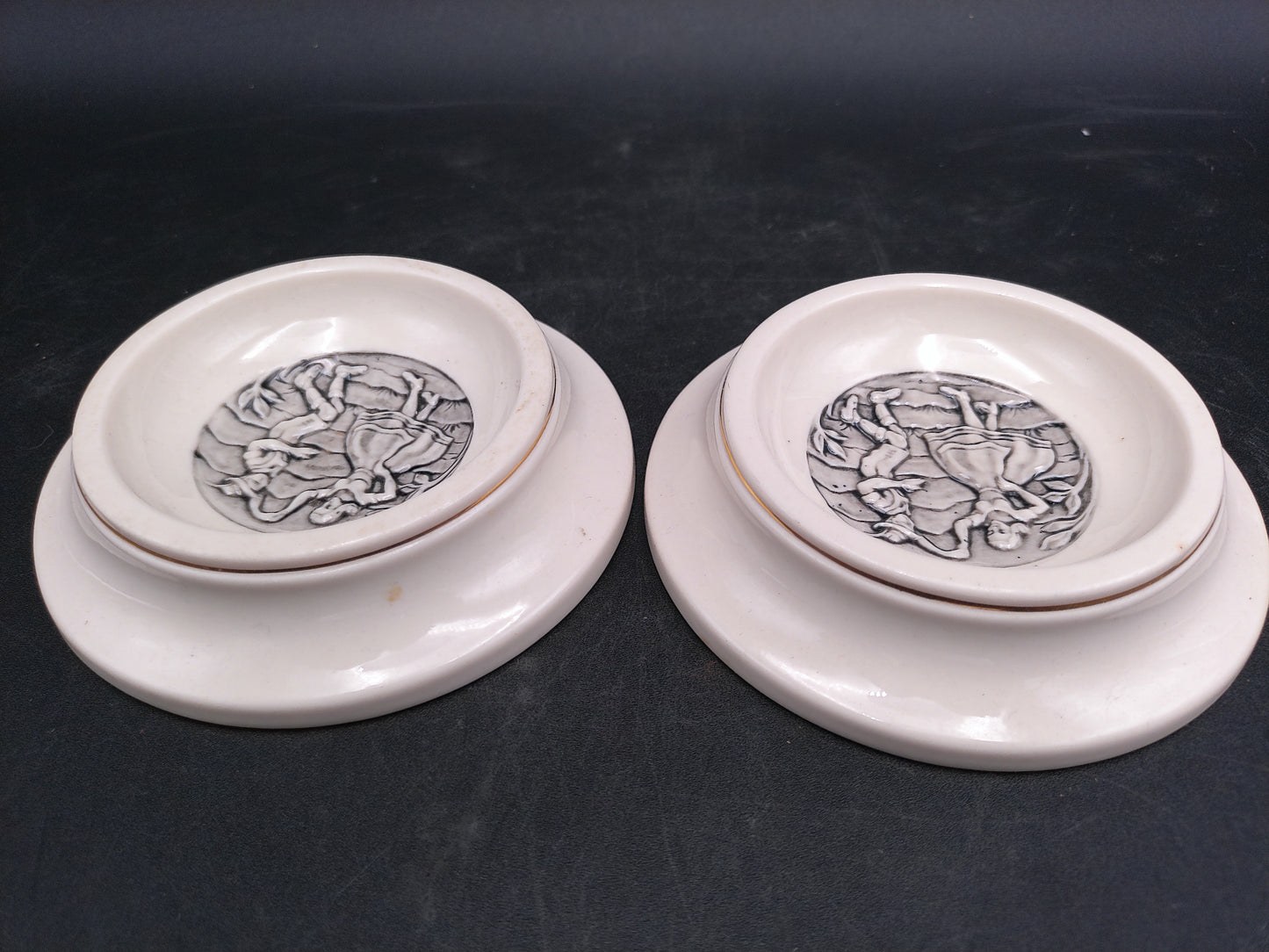 Evans Ceramic Ashtrays Vintage set of 2 with Gold Rings on side of Ashtray
