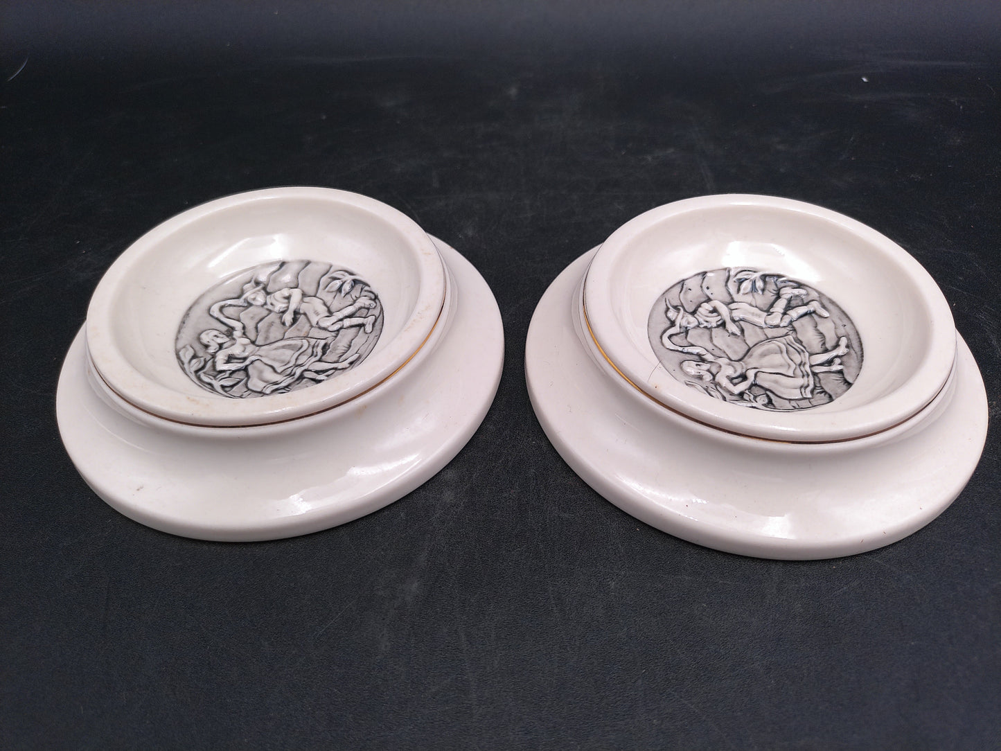 Evans Ceramic Ashtrays Vintage set of 2 with Gold Rings on side of Ashtray