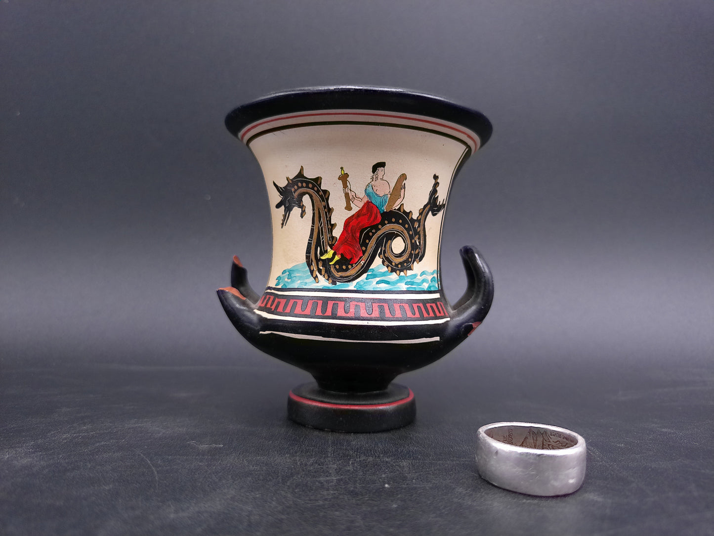 Greek Vase Small Hand Made with Lady on Dragon on it Vintage