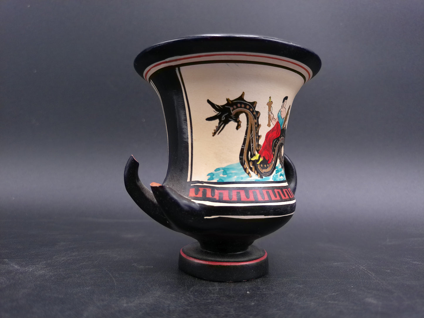Greek Vase Small Hand Made with Lady on Dragon on it Vintage