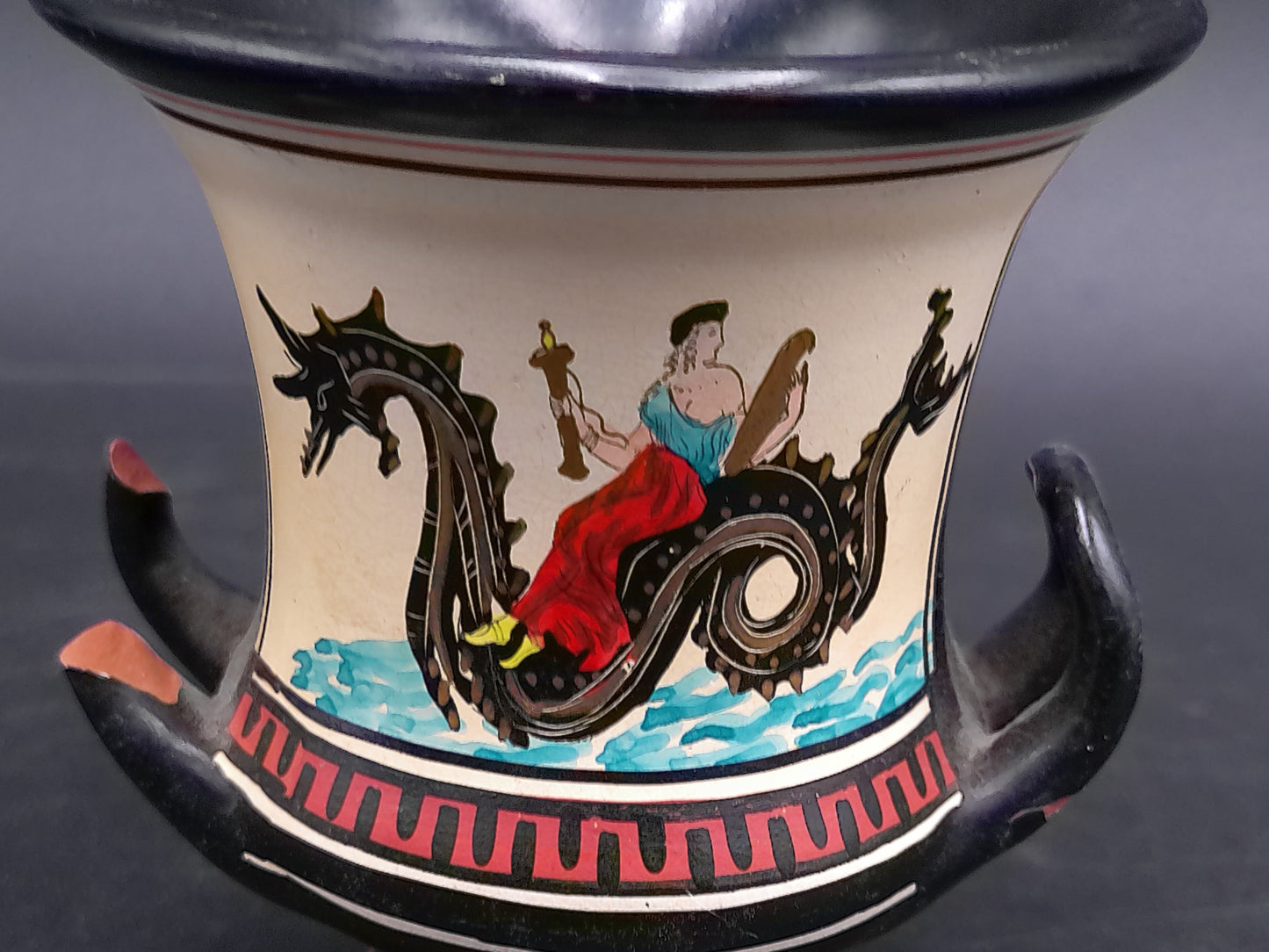 Greek Vase Small Hand Made with Lady on Dragon on it Vintage