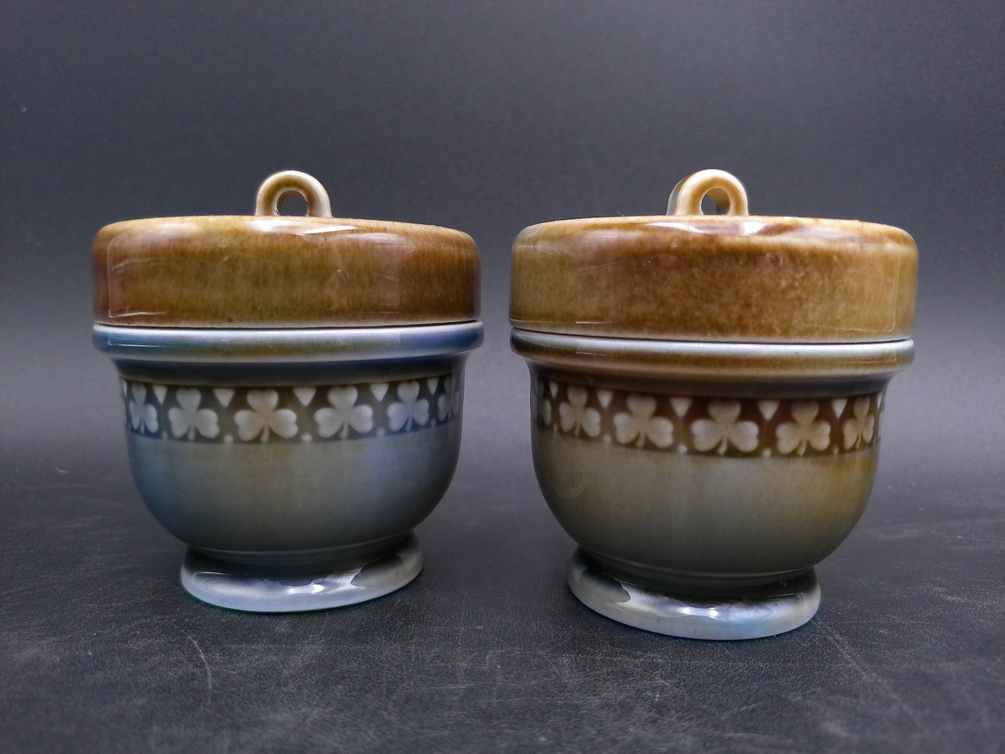 Irish Porcelain Blue Green Jars #2 Made in Ireland Egg Coddlers  Set of 2  Vintage