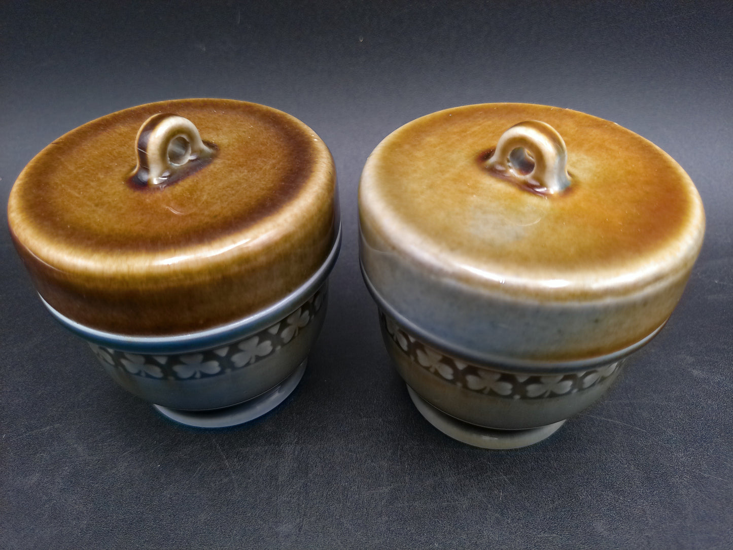 Irish Porcelain Blue Green Jars #2 Made in Ireland Egg Coddlers  Set of 2  Vintage