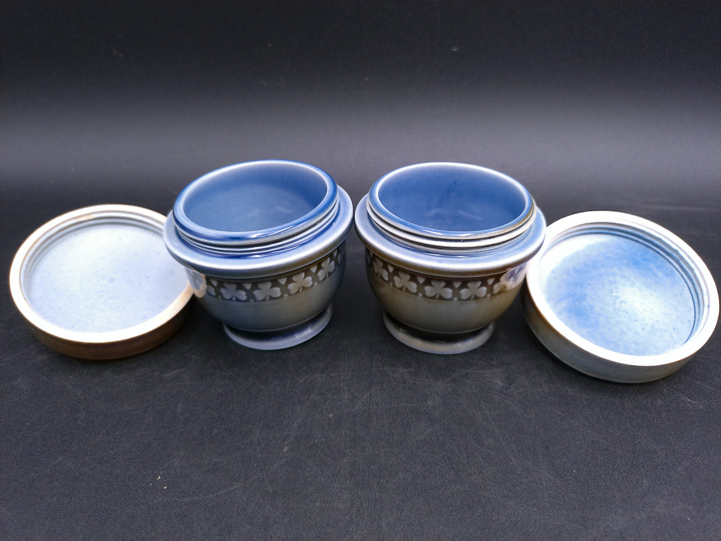 Irish Porcelain Blue Green Jars #2 Made in Ireland Egg Coddlers  Set of 2  Vintage