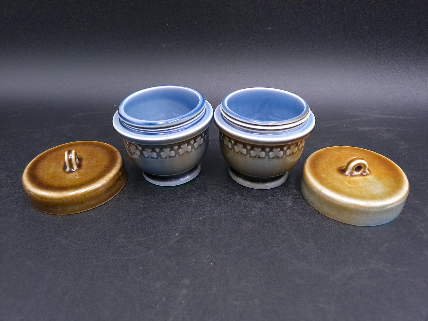Irish Porcelain Blue Green Jars #2 Made in Ireland Egg Coddlers  Set of 2  Vintage